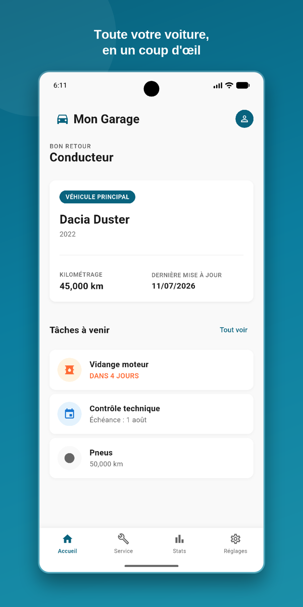 Écran d'accueil : le véhicule principal, son kilométrage, et la liste des tâches à venir.